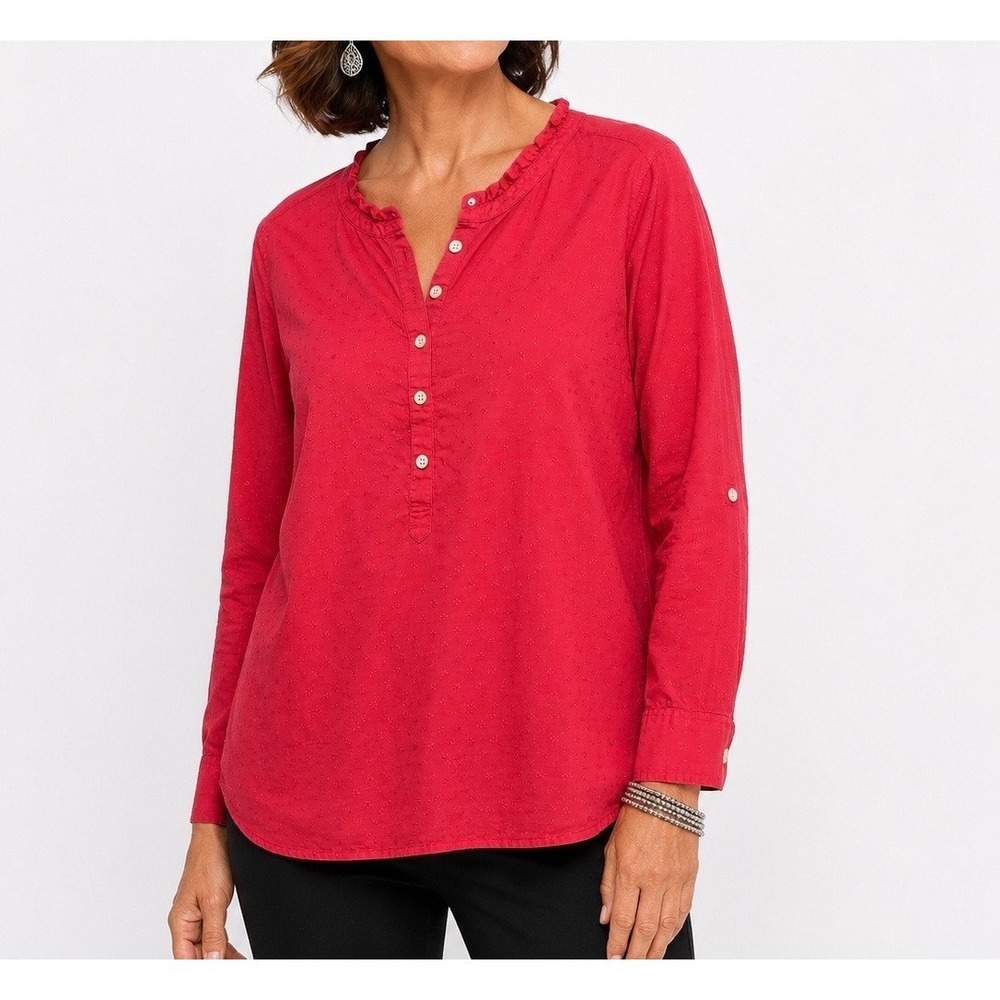 Talbots Womens XL pink Cotton Dobby Ruffle Collar Roll Tab Sleeve Henley Blouse